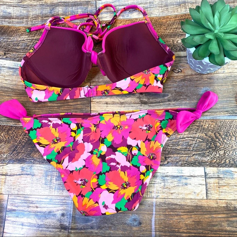 Aerie Pink Floral Bikini 36D Medium swimsuit pink - Picture 2 of 2